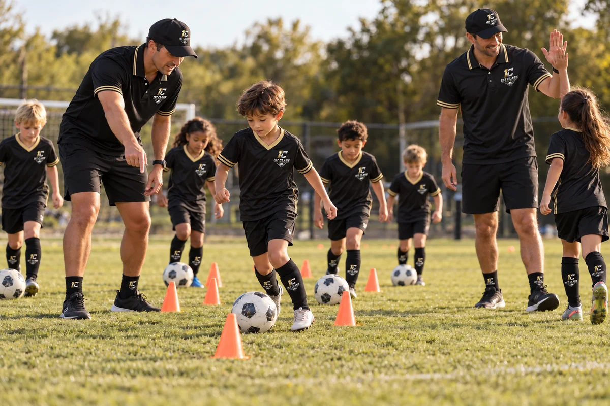 A coach guides young players through ball-control practice around cones