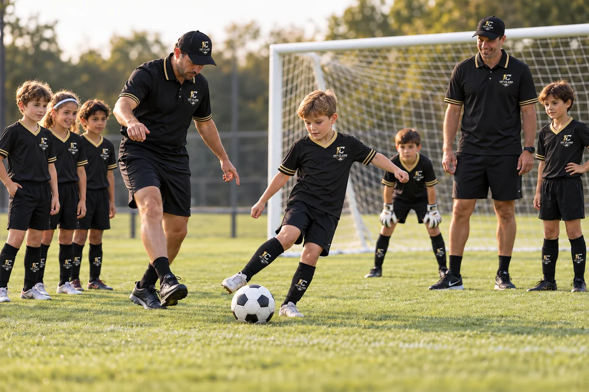 A coach demonstrates clean ball striking with a young player