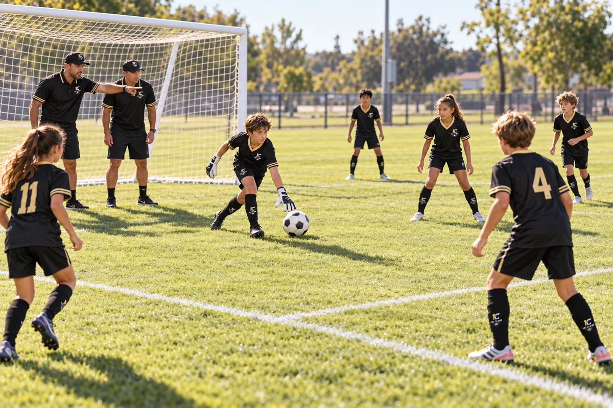 A goalkeeper and teammates move the ball while coaches guide the play