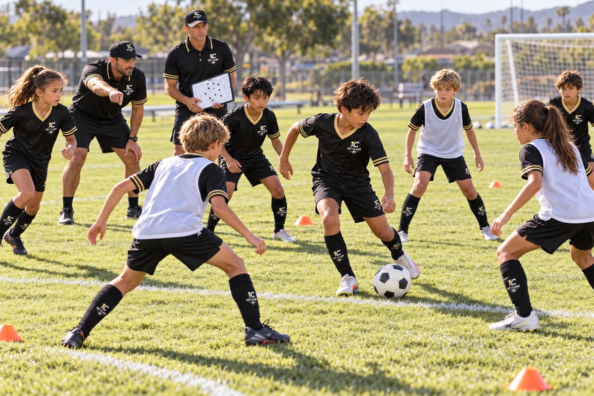 A young player takes the ball forward against opponents during camp practice