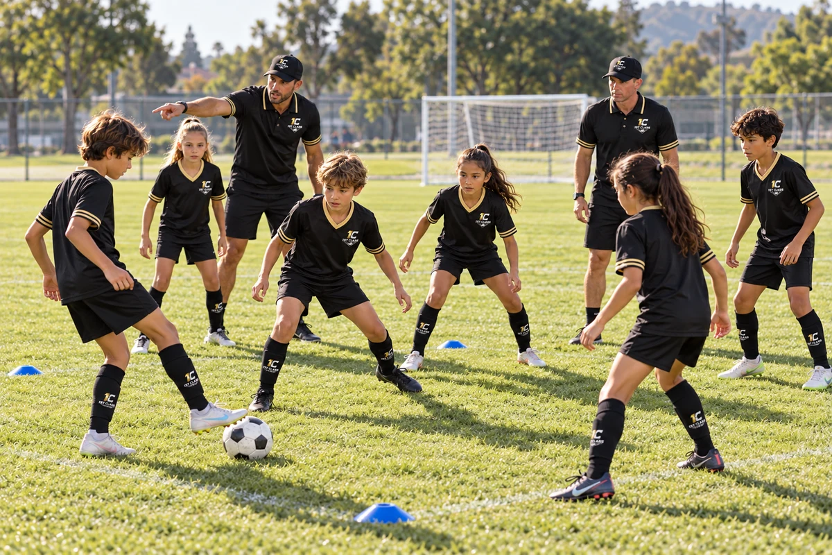 A coach points out a passing option while players learn their positions around the ball