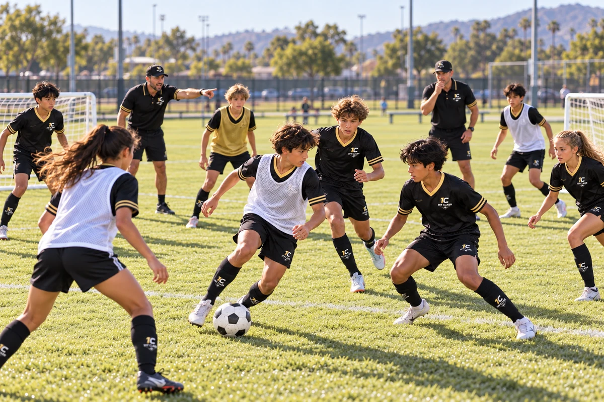 Boys and girls compete for possession together in a small-sided soccer game