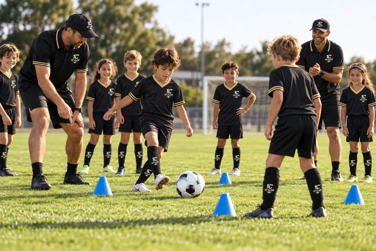 A coach helps a young player practice foot placement and close control around cones