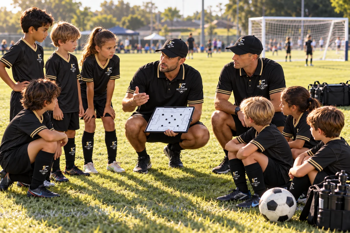 Coaches explain a session plan to a small group of players gathered around a tactics board