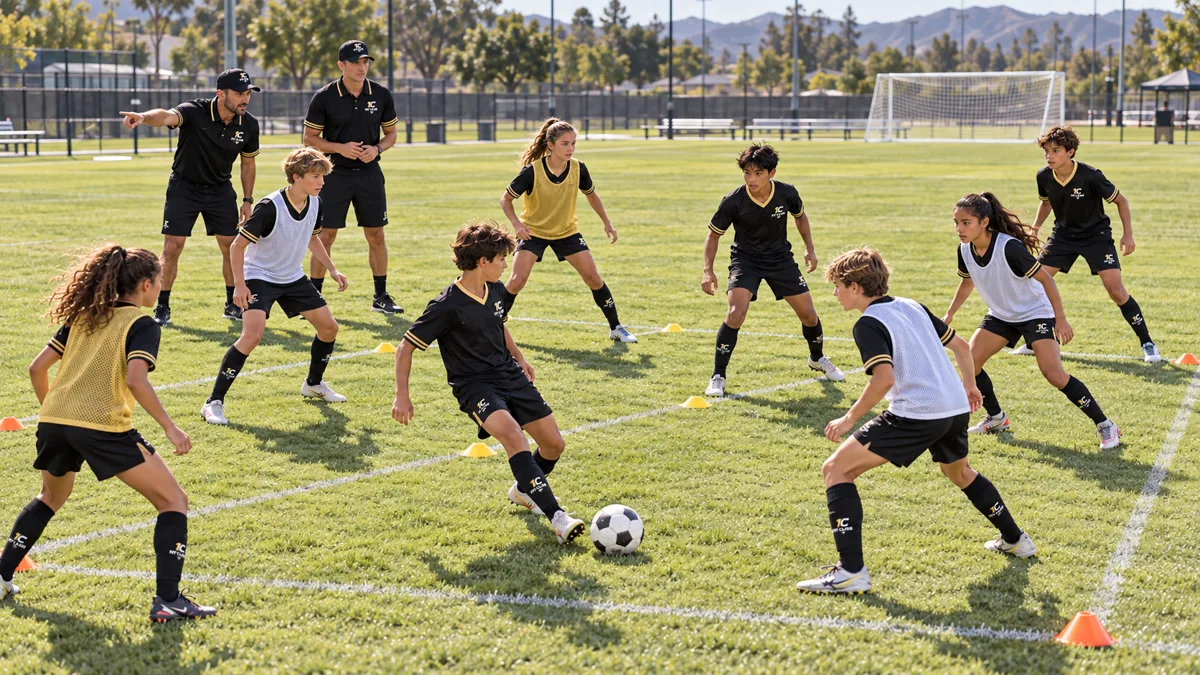 Young players compete for possession in a small-sided soccer game