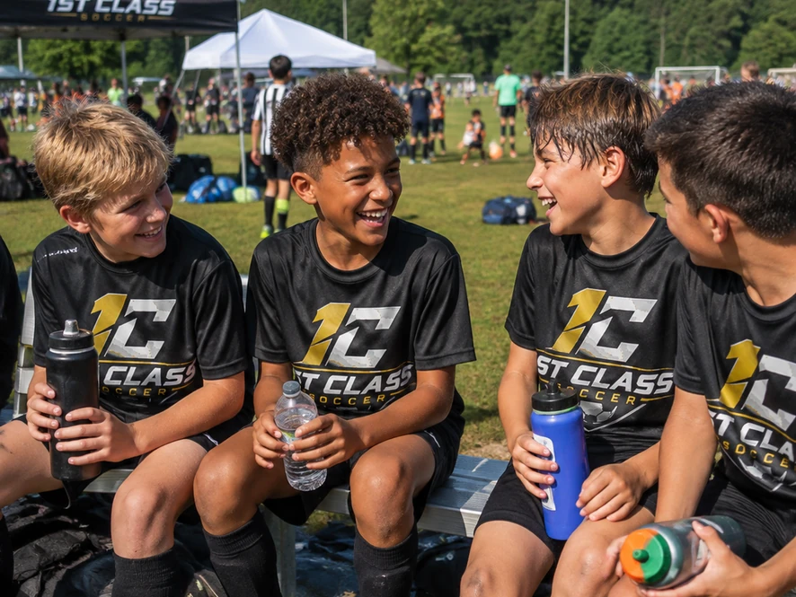 Young soccer players laughing together during a sideline break