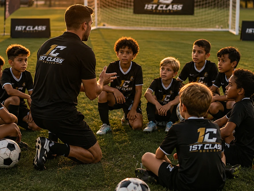 A coach speaking with young players during an outdoor team talk